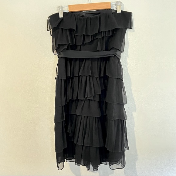 J.Crew Black Silk Strapless Tiered Ruffled Mini Dress with Bow, Size 0 EUC - Picture 3 of 7